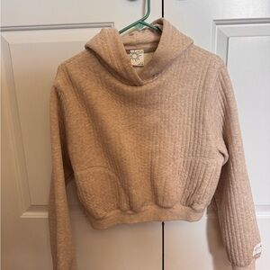 aerie Quilted Cowl-Neck Cropped Sweater in Light Beige